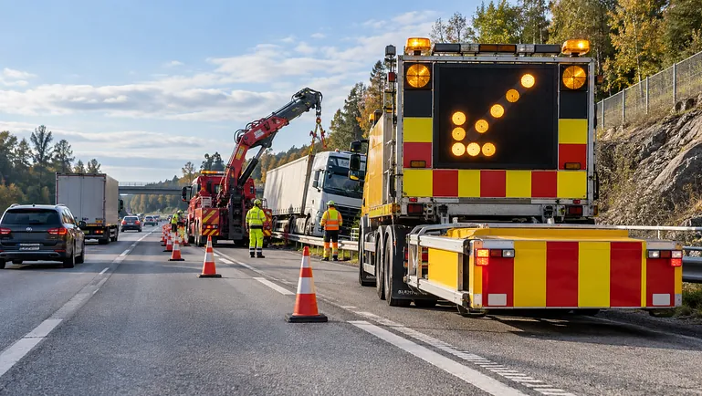 Vägarbete med bärgningskran och pilfordon